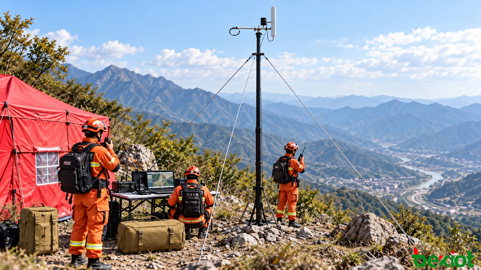 Equipe de resgate em montanha usando mastro de antena portátil fixado em um posto de comando temporário