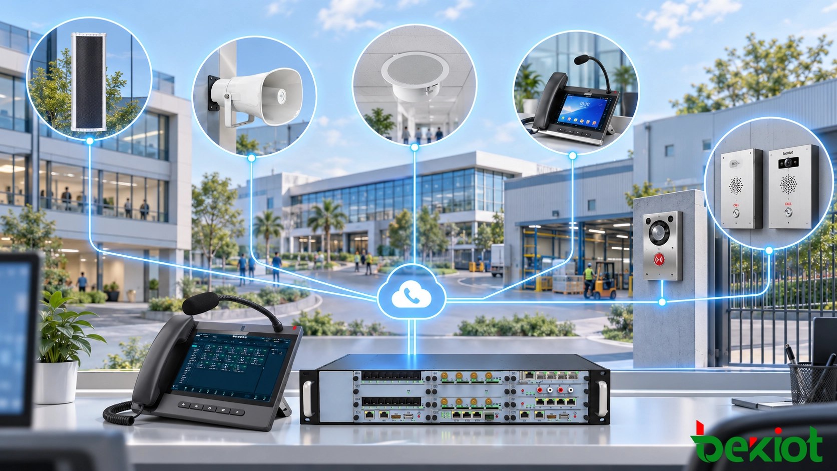 Conceito de sistema de paging IP conectando uma interface central de comunicação com telefones, alto-falantes, monitoramento e dispositivos de alerta