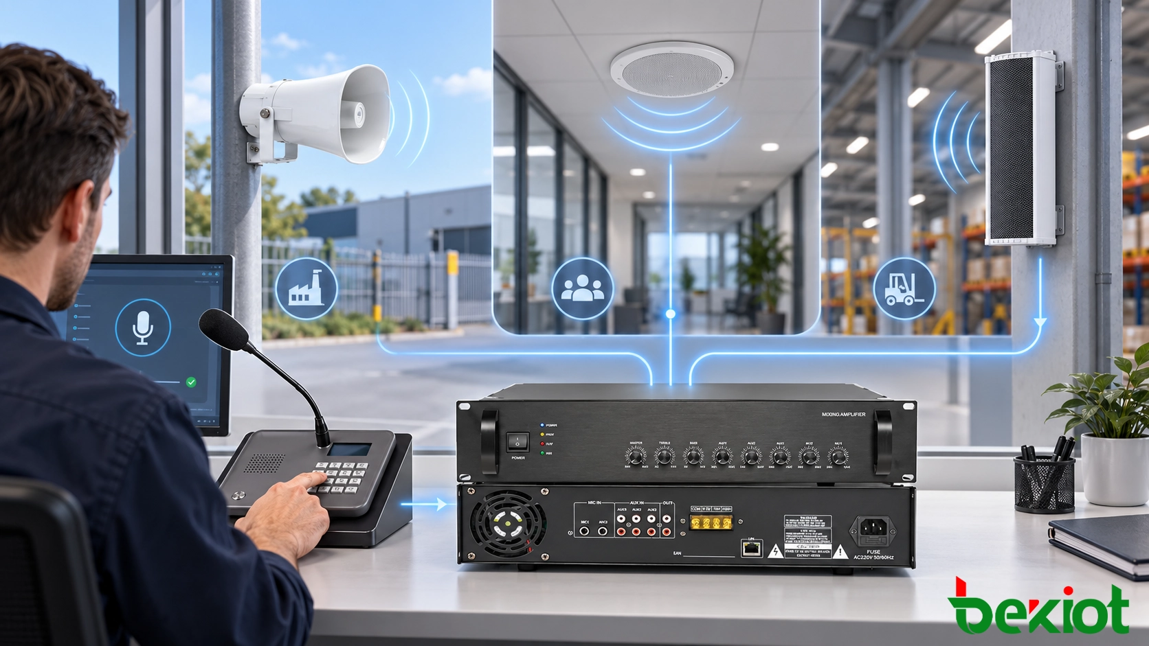 Interface de controle de sistema de endereço público existente ilustrada com um amplificador de paging e alto-falante corneta