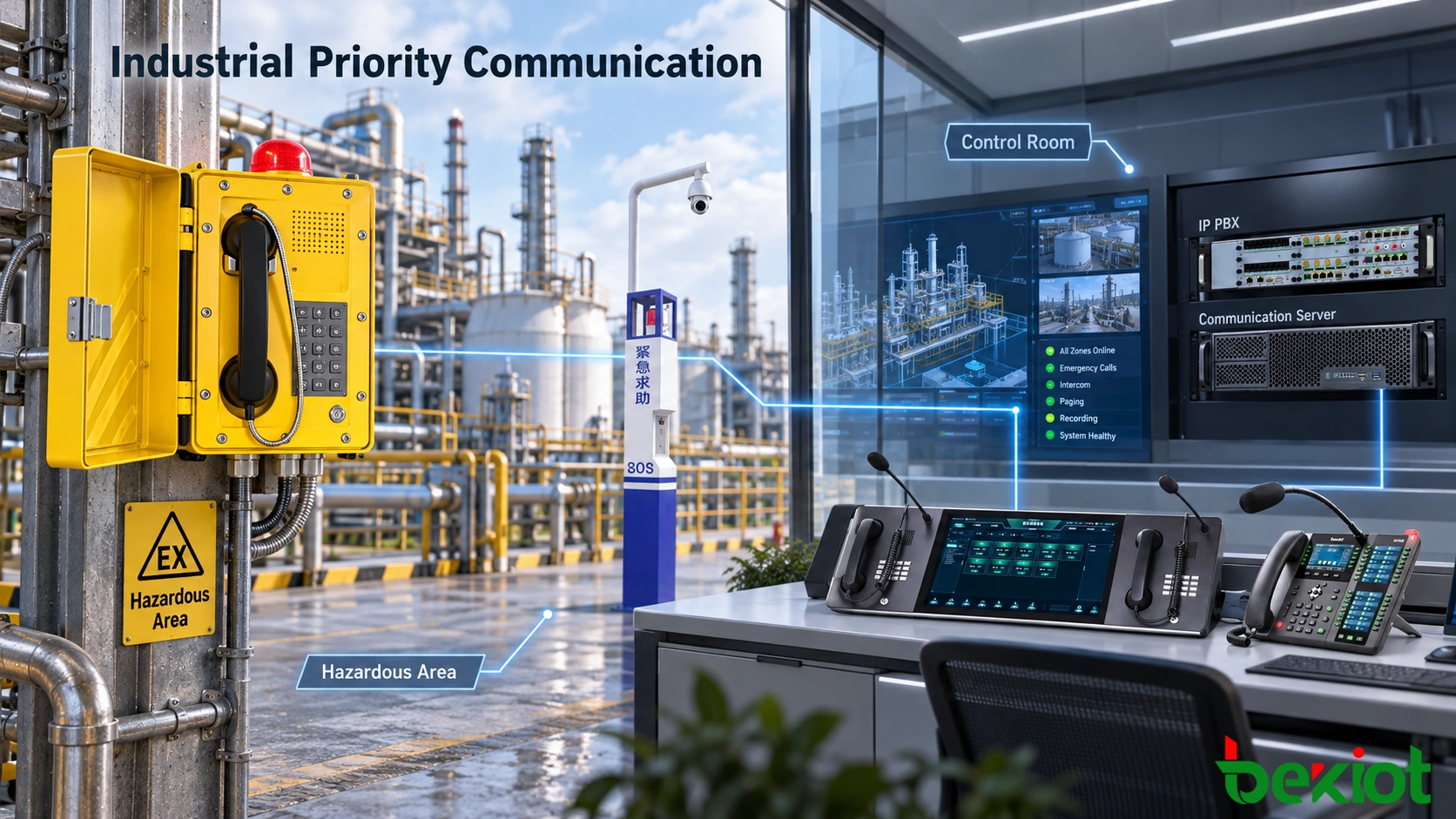 Aplicação de sistema de comunicação prioritária SIP industrial com telefone de emergência e sala de controle