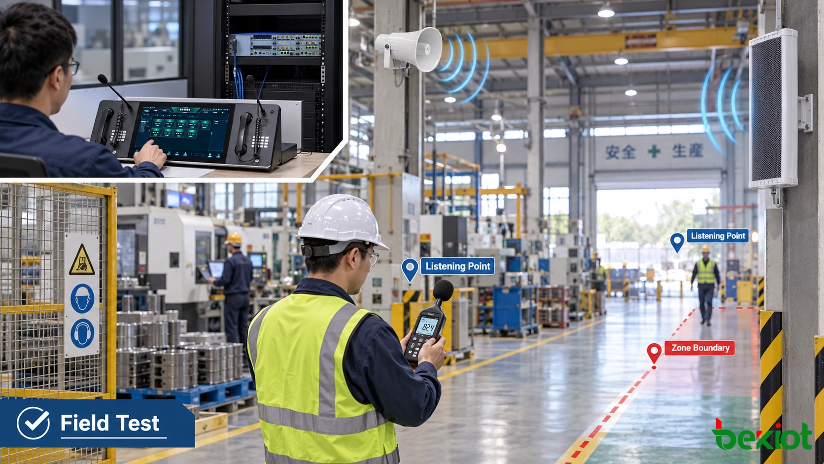 Técnico verificando audibilidade de alto-falante de paginação SIP, inteligibilidade de fala e limites de zona em pontos de escuta industriais
