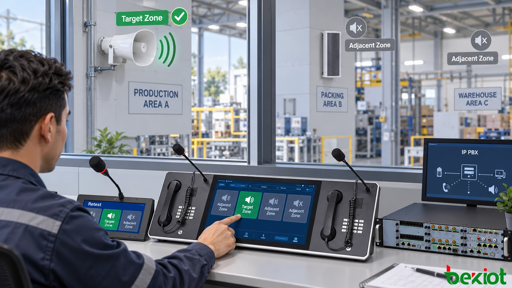 Técnico de sala de controle industrial retestando zonas de paginação SIP corrigidas com um console de despacho, alto-falantes tipo corneta e limite de zona