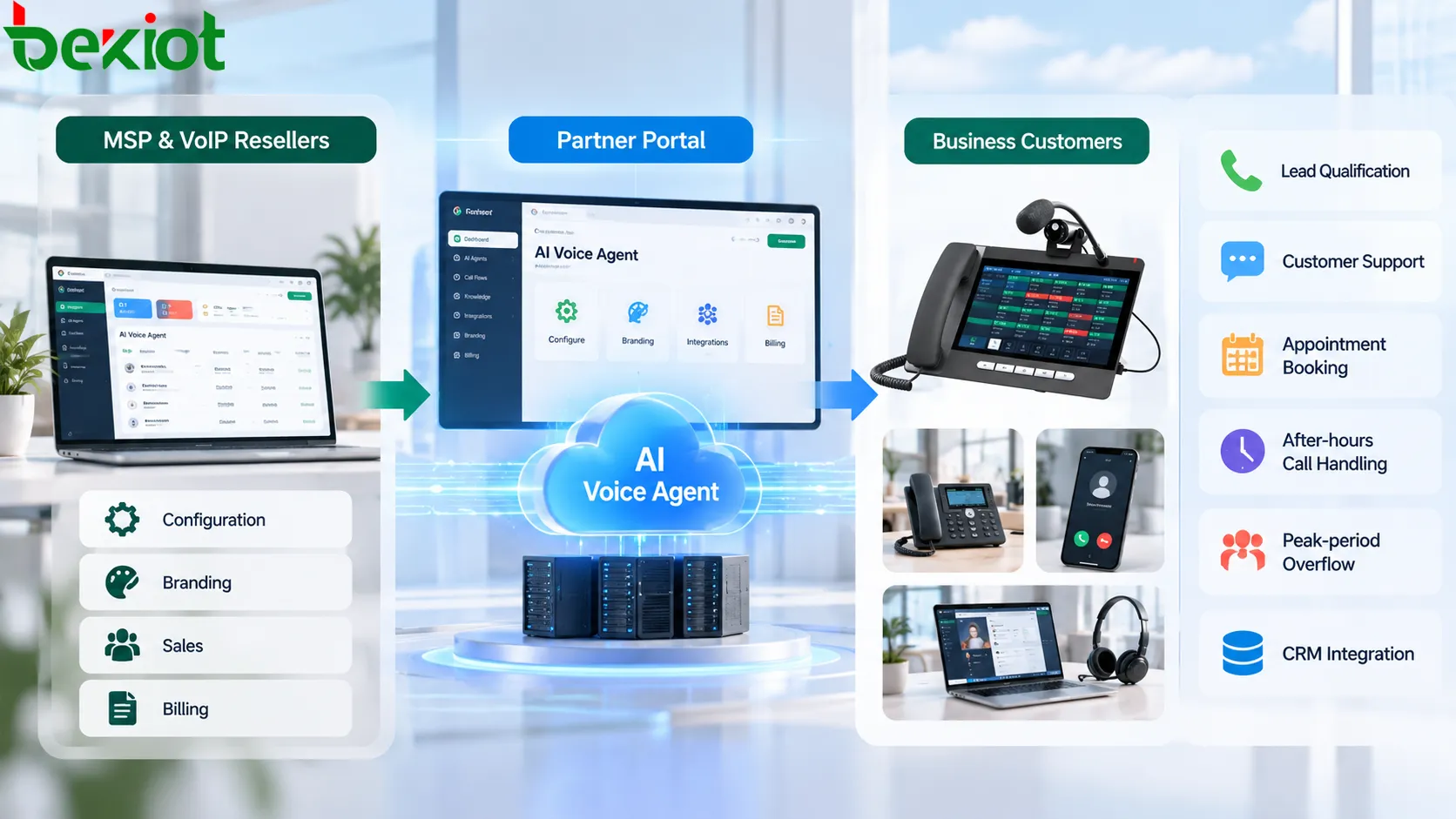 AI Agent da Voip Unlimited configurado, personalizado com marca e faturado por MSPs e revendedores VoIP por meio do Partner Portal antes de ser fornecido às empresas como serviço de voz com IA