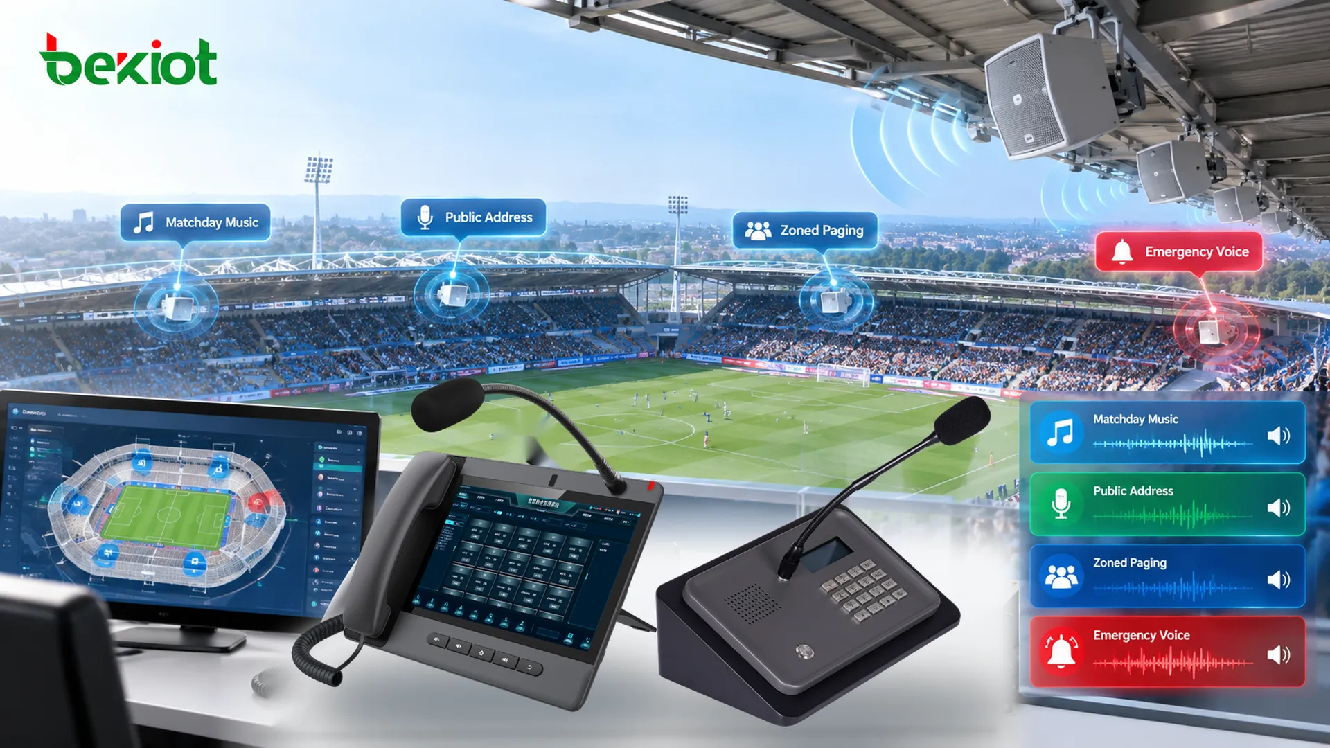 Novo sistema de sonorização e alarme por voz do estádio do Chesterfield FC, com alto-falantes resistentes às intempéries nas quatro arquibancadas para música, comunicados, avisos por zonas e mensagens de emergência