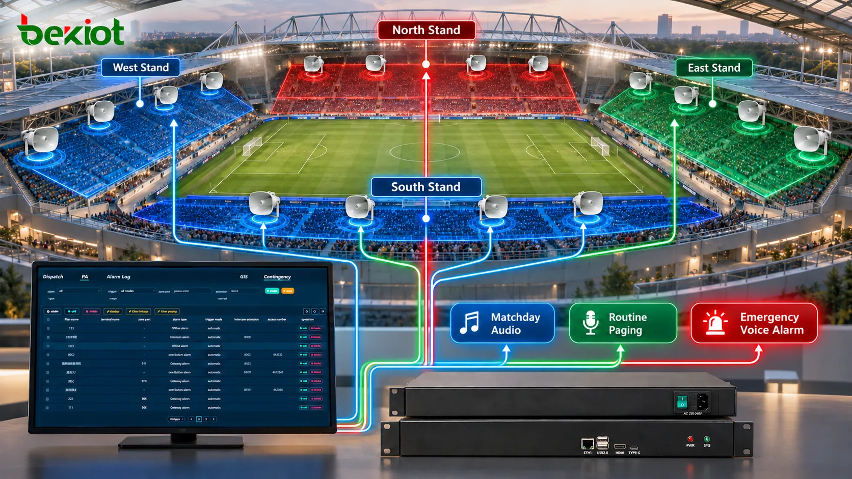 Sistema PAVA de estádio que divide as arquibancadas Leste, Oeste, Norte e Sul em zonas de transmissão separadas para áudio dos jogos, avisos cotidianos e alarmes de voz de emergência prioritários
