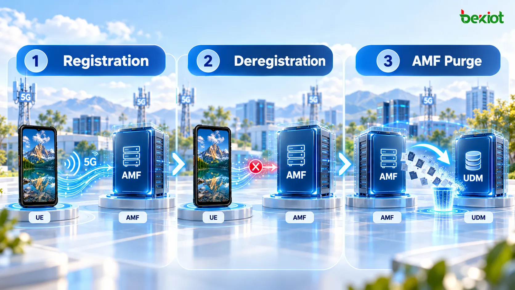 Diferença entre registro inicial, desregistro iniciado pela rede e purga do AMF no 5GC; a purga ocorre após o desregistro para limpar o contexto do AMF e os vínculos com o UDM