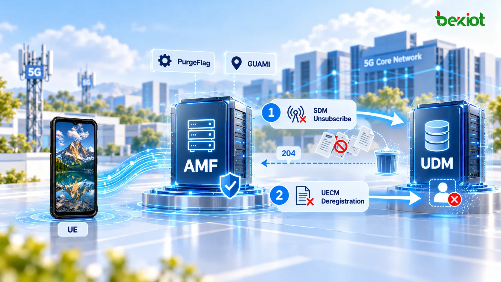 A purga do AMF no 5GC remove Subscriber Data, MM Context, a SDM Subscription do UDM e o UECM Registration para impedir a permanência de contexto obsoleto do UE