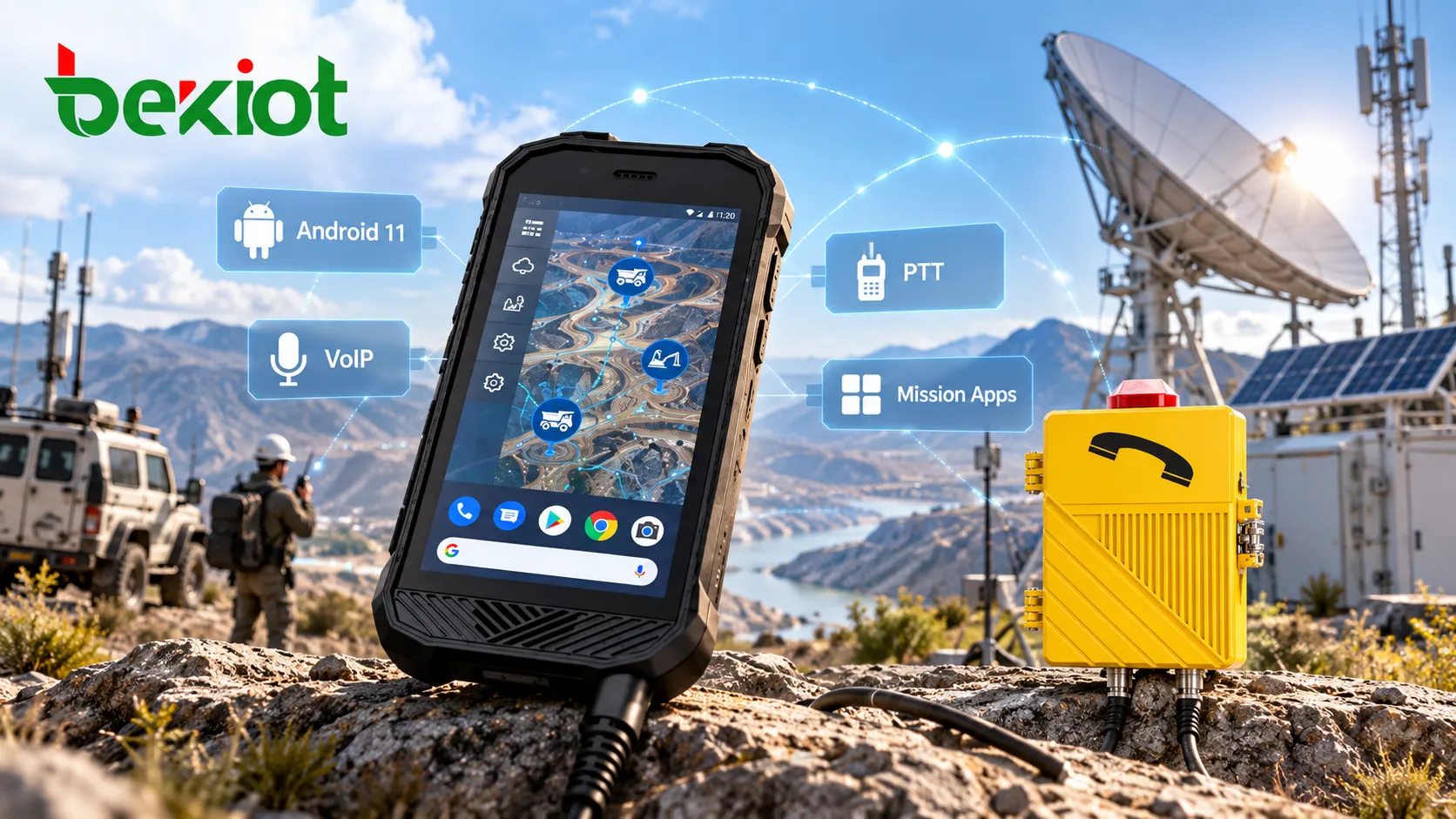 Terminal robusto de comunicação VoIP SVA 500 com tela sensível ao toque de 5 polegadas, plataforma Android e botão PTT para apoiar comunicação de voz e aplicativos de missão em ambientes críticos de campo