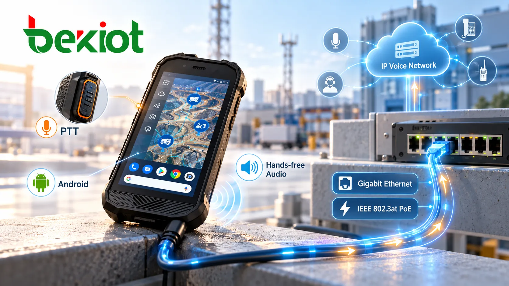 SVA 500 conectado a uma rede de voz IP por Ethernet Gigabit e PoE IEEE 802.3at, com botão PTT físico, software Android e áudio viva-voz para comunicação em campo