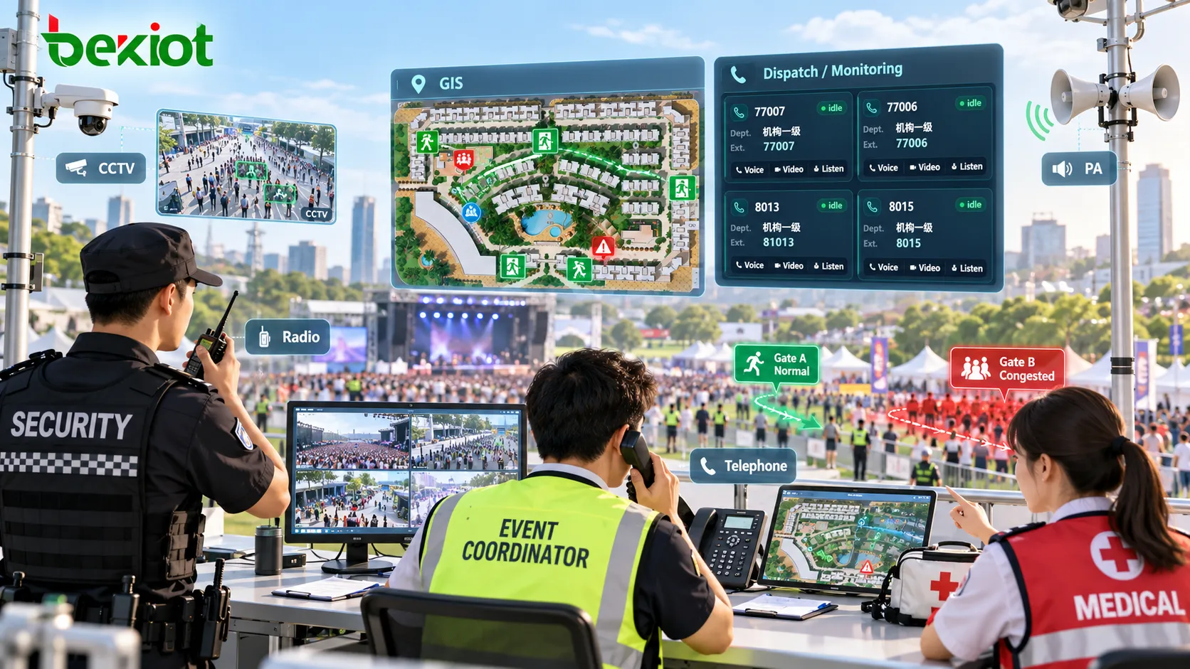 Centro de comando de grande evento usando CCTV, mapeamento GIS, rádio, telefone e PA para monitorar densidade, saídas e despachar segurança, equipes médicas e pessoal de campo em tempo real