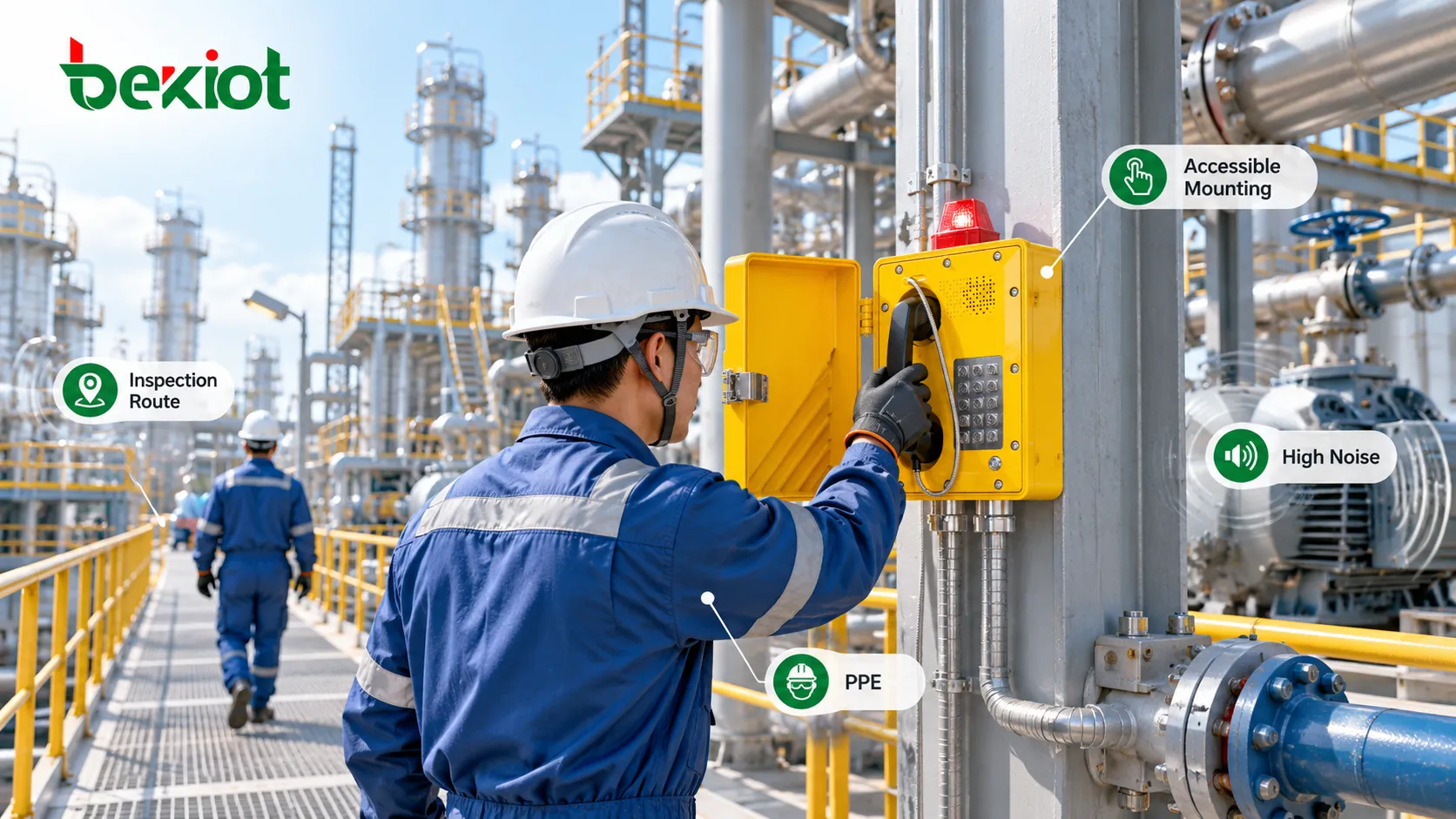 Montagem de telefone à prova de explosão em área química classificada considerando rotas de inspeção, altura de operação, EPI, ruído elevado e acessibilidade em emergências