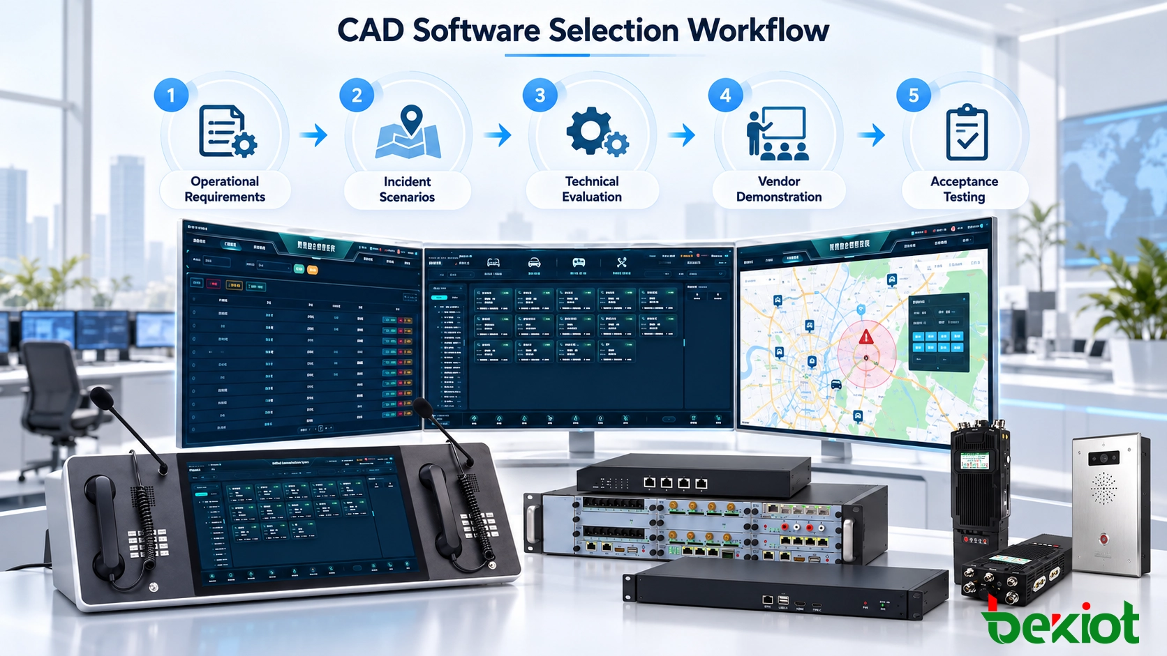 Fluxo de seleção de software CAD que apresenta requisitos operacionais, cenários de incidentes, critérios de avaliação e testes de aceitação do fornecedor