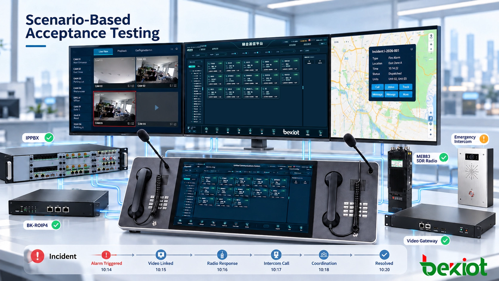 Teste de aceitação do fornecedor CAD que mostra a cronologia do incidente, posições de recursos no GIS, atribuições do operador e estado das interfaces durante uma falha de comunicação simulada