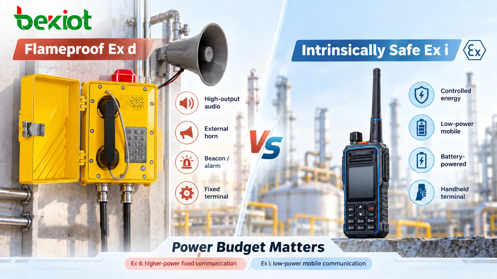 Um terminal fixo Ex d permite áudio mais potente, cornetas e alarmes visuais, enquanto aparelhos portáteis Ex i priorizam energia controlada e comunicação móvel de baixo consumo.
